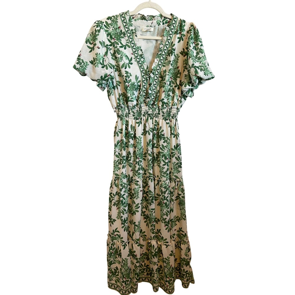Max Studio London Floral V-Neck Smocked Tiered Maxi Dress Green XL